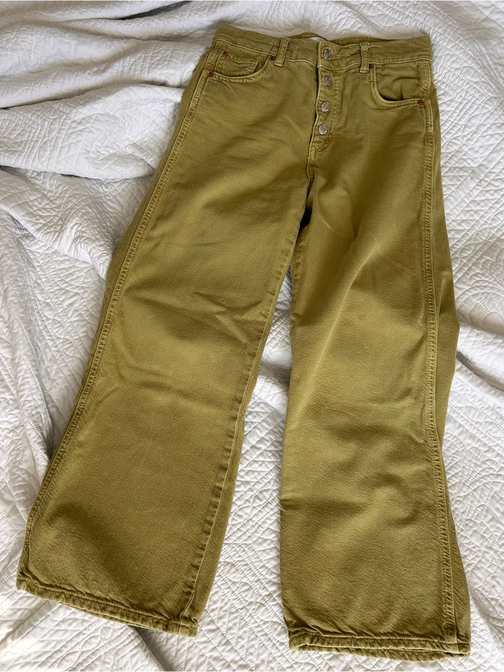 Zara Olive Green Wide-Leg Button-Fly Jeans